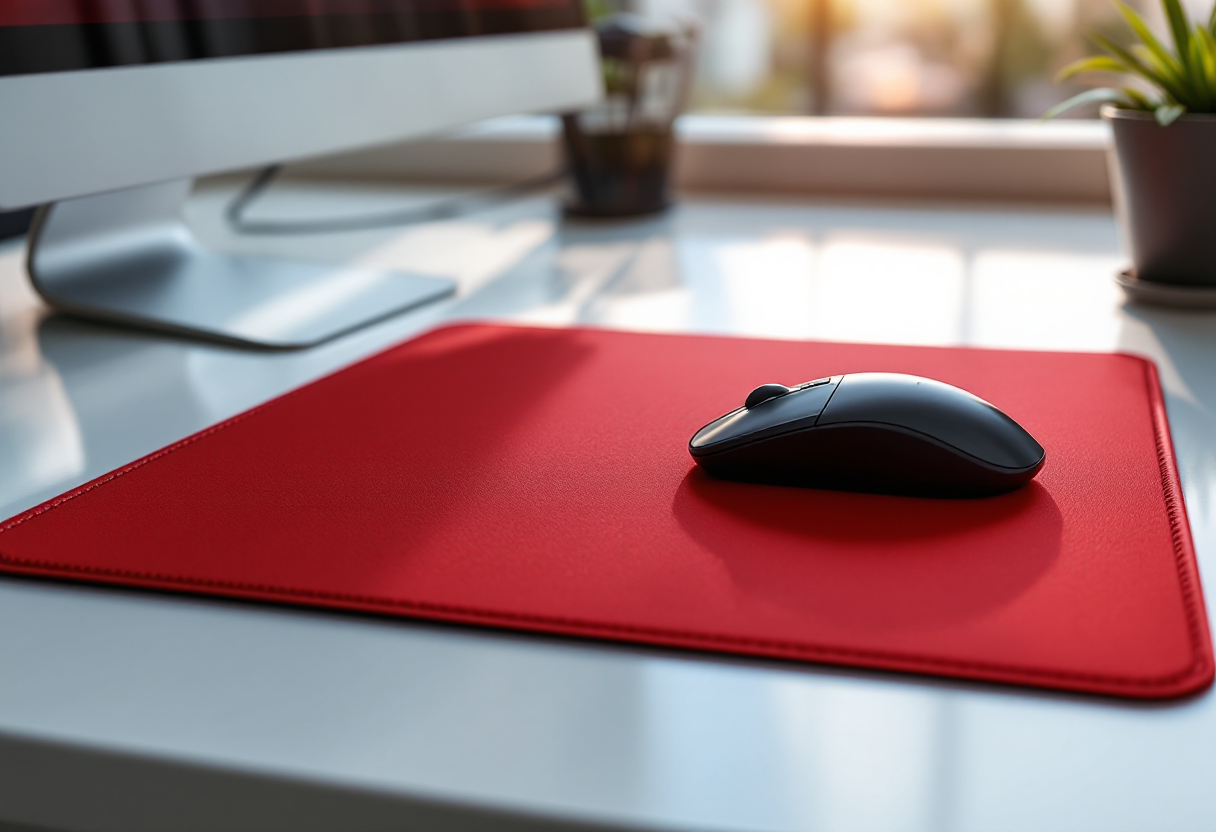 Tapis de souris rouge avec logo utilisé dans un bureau lumineux