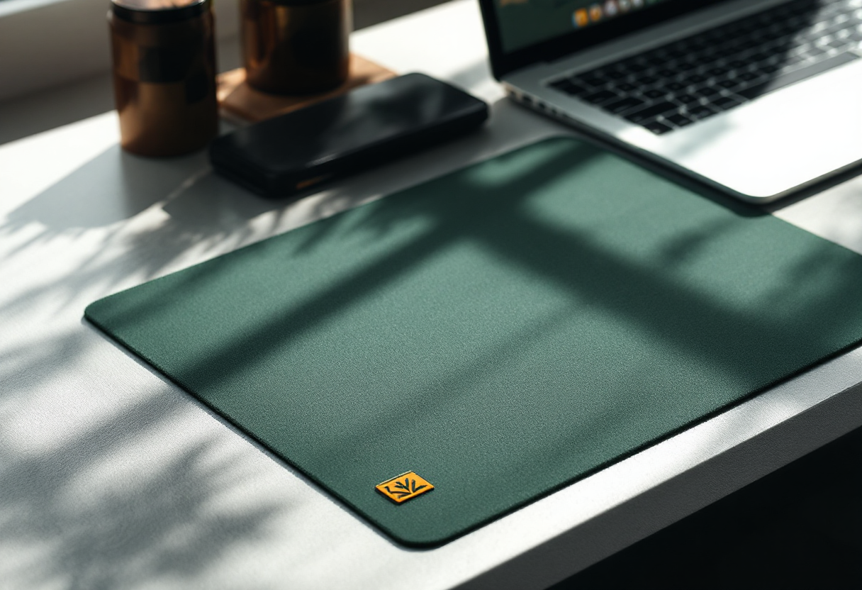Tapis de souris vert avec logo sur bureau minimaliste.